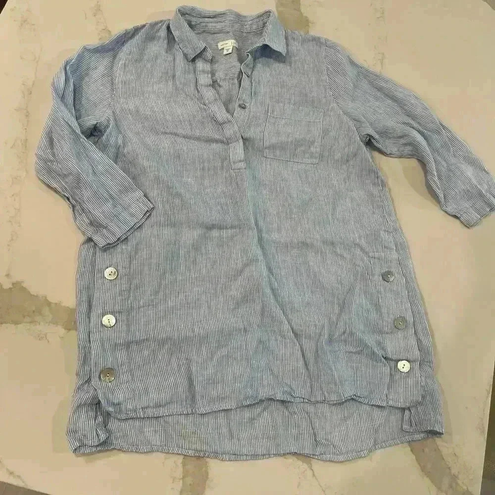 J. Jill Women's 100% Linen Tunic Top Size XS Blue White Stripes Side Buttons - Picture 2 of 4